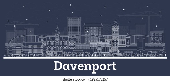 Esquema del Skyline de la ciudad de Davenport Iowa USA con edificios blancos. Ilustración vectorial. Concepto de viajes de negocios y turismo con arquitectura histórica. Davenport Cityscape con monumentos.