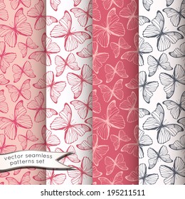 Outline decorative butterflies seamless patterns set. Vector illustration