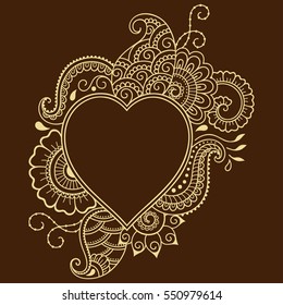 Outline decorative doodle flower in mehndi style. Floral frame in the shape of heart. Element for design for Valentine's Day.