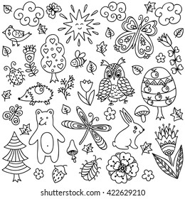 Outline decorative hand drawn elements in doodle childish style - animals and insects, trees and plants. Pattern for coloring book page.