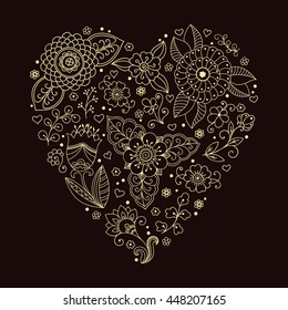Outline decorative hand drawn elements in doodle style - flower and plants in shape of heart.