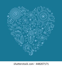 Outline decorative hand drawn elements in doodle style - flower and plants in shape of heart.