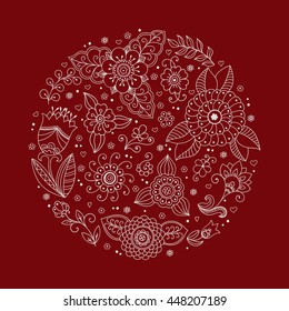 Outline decorative hand drawn elements in doodle style - flower and plants in form of circle.