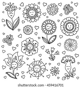 Outline decorative hand drawn elements in doodle childish style - flower and plants. Pattern for coloring book page.
