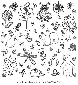 Outline decorative hand drawn elements in doodle childish style - animals and insects, trees and plants. Pattern for coloring book page.