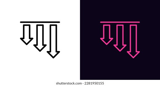 El contorno reduce el icono de barras de flecha, con trazo editable. Disminuir la tendencia del gráfico, barras de flecha hacia abajo. Previsión financiera, caída de acciones, disminución de nivel, pérdida y tendencia a la baja. Icono de vector