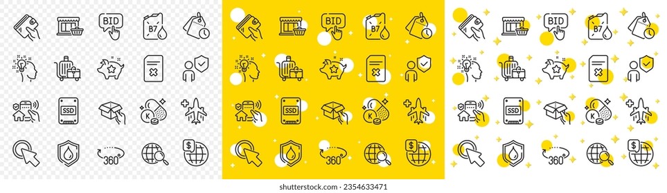 Outline Delete file, Baggage cart and Waterproof line icons pack for web with World money, 360 degrees, Ssd line icon. Hold box, Medical flight, Security pictogram icon. Idea, Vitamin k. Vector