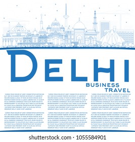 Outline Delhi India City Skyline with Blue Buildings with Copy Space. Vector Illustration. Business Travel and Tourism Concept with Historic Architecture. Delhi Cityscape with Landmarks.