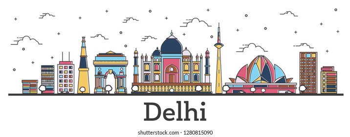 Outline Delhi India City Skyline With Color Buildings Isolated On White. Vector Illustration. Delhi Cityscape With Landmarks.