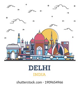 Outline Delhi India City Skyline with Colored Historic Buildings Isolated on White. Vector Illustration. Delhi Cityscape with Landmarks.