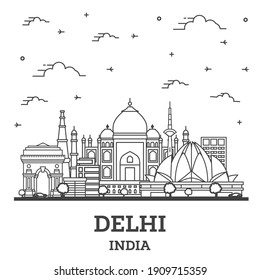Outline Delhi India City Skyline with Historic Buildings Isolated on White. Vector Illustration. Delhi Cityscape with Landmarks.
