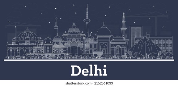 Outline Delhi India City Skyline with White Buildings. Vector Illustration. Business Travel and Tourism Concept with Historic Architecture. Delhi Cityscape with Landmarks.