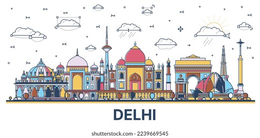Outline Delhi India City Skyline with Colored Historic Buildings Isolated on White. Vector Illustration. Delhi Cityscape with Landmarks.