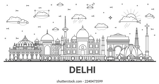 Outline Delhi India City Skyline with Historic Buildings Isolated on White. Vector Illustration. Delhi Cityscape with Landmarks.