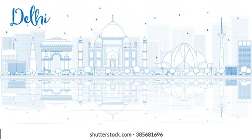 Outline Delhi skyline with blue buildings and reflections. Vector illustration. Business travel and tourism concept with place for text. Image for presentation, banner, placard and web site.