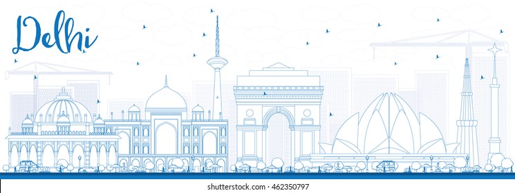 Outline Delhi Skyline with Blue Buildings. Vector Illustration. Business Travel and Tourism Concept with Historic Buildings. Image for Presentation Banner Placard and Web Site.
