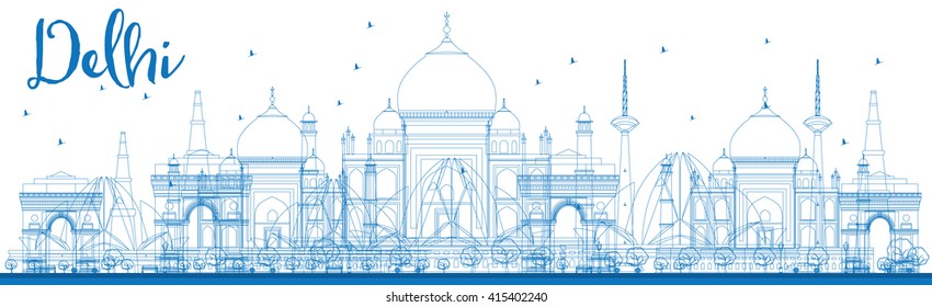 Outline Delhi skyline with blue landmarks. Vector illustration. 