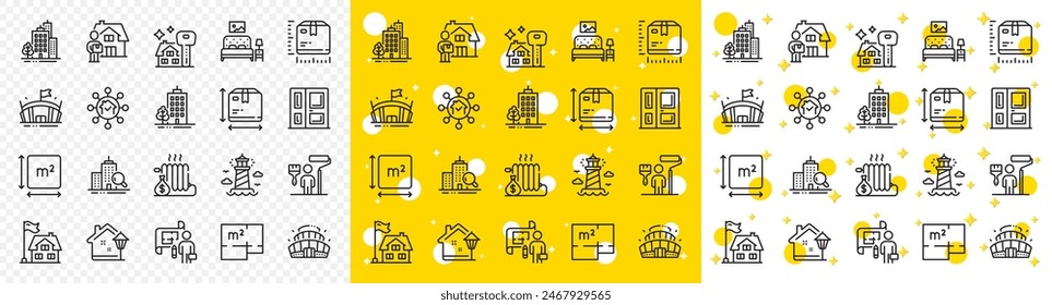 Outline Delivery man, Entrance and Lighthouse line icons pack for web with Home facility, Square area, Buildings line icon. Box size, Skyscraper buildings, Building pictogram icon. Vector