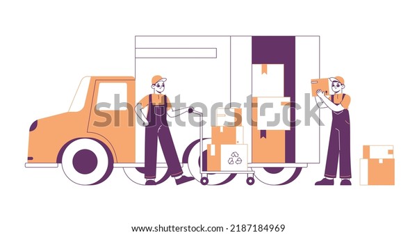 Outline delivery service workers, couriers\
characters with cargo truck. Shipment service couriers carrying\
parcels and delivery packages flat vector illustration. Delivery\
service concept