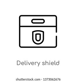 outline delivery shield vector icon. isolated black simple line element illustration from delivery and logistics concept. editable vector stroke delivery shield icon on white background