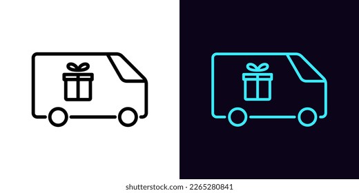 Outline delivery wagon icon, with editable stroke. Minivan with gift box sign, order delivery pictogram. Auto courier shipment, distribution service, express shipping gifts. Vector icon for Animation