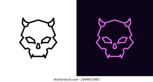 Outline demon skull icon, with editable stroke. Devil skull with horns and fangs, vampire cranium icon. Death face, scary skeleton head, evil, demon emoji, satan skull, monster cranium. Vector icon