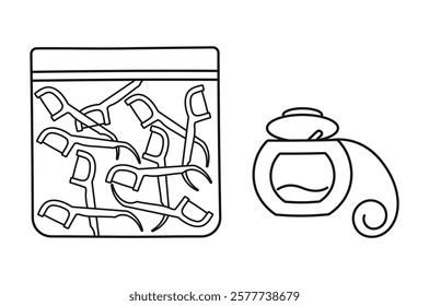 Outline of dental floss, flossers, cleaning of teeth, hygiene health, clean care, oral white, mouth tooth