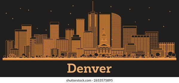 Outline Denver Colorado City Skyline com edifícios laranja. Ilustração de vetor. Viagens de negócios e conceito com arquitetura moderna. Denver EUA Cityscape com pontos de referência.