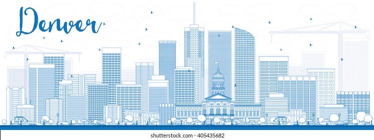 Outline Denver Skyline with Blue Buildings. Vector Illustration. Business Travel and Tourism Concept with Modern Buildings. Image for Presentation Banner Placard and Web Site. 