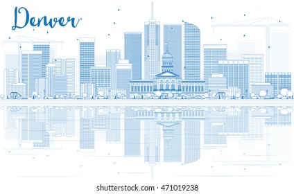 Outline Denver Skyline with Blue Buildings and Reflections. Vector Illustration. Business Travel and Tourism Concept with Modern Buildings. 
