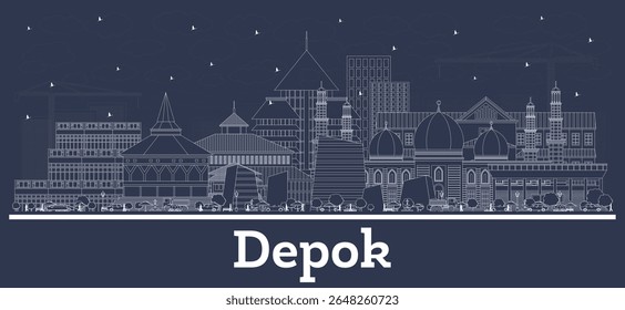 Outline Depok Indonesia City Skyline with white Buildings. Vector Illustration. Business Travel and Concept with Modern Architecture. Depok Cityscape with Landmarks. 