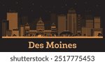 Outline Des Moines Iowa City Skyline with orange Buildings. Vector Illustration. Business Travel and Concept with Modern Architecture. Des Moines Cityscape with Landmarks.