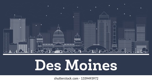 Outline Des Moines Iowa City Skyline with White Buildings. Vector Illustration. Business Travel and Concept with Modern Architecture. Des Moines Cityscape with Landmarks.