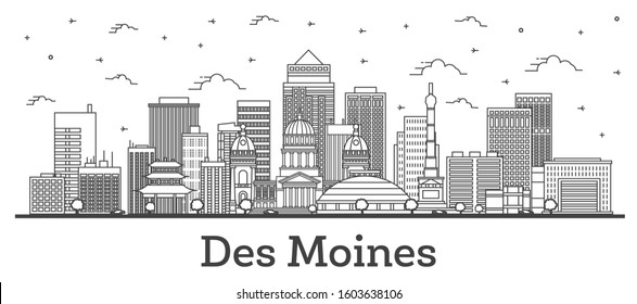 Outline Des Moines Iowa City Skyline with Modern Buildings Isolated on White. Vector Illustration. Des Moines USA Cityscape with Landmarks. 