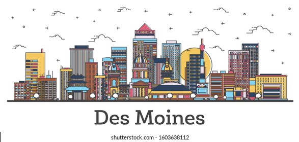 El contorno de la ciudad de Iowa se mueve con edificios de color aislados en blanco. Ilustración vectorial. Des Moines USA Cityscape con monumentos.