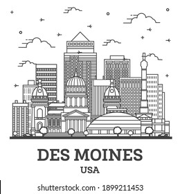 Outline Des Moines Iowa City Skyline with Modern Buildings Isolated on White. Vector Illustration. Des Moines USA Cityscape with Landmarks. 