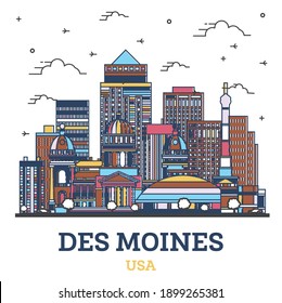 Outline Des Moines Iowa City Skyline with Colored Modern Buildings Isolated on White. Vector Illustration. Des Moines USA Cityscape with Landmarks. 