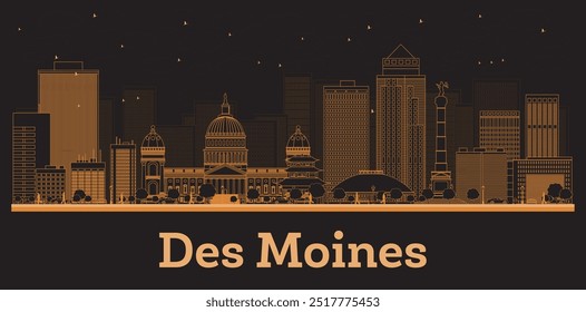 Outline Des Moines Iowa City Skyline com edifícios laranja. Ilustração de vetor. Viagens de negócios e conceito com arquitetura moderna. Paisagem urbana de Des Moines com pontos de referência.