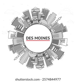 Outline Des Moines Iowa City Skyline with Modern Buildings and copy space Isolated on White. Vector Illustration. Des Moines USA Cityscape with Landmarks. 