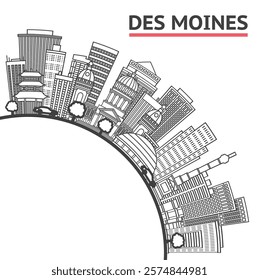 Outline Des Moines Iowa City Skyline with Modern Buildings and copy space Isolated on White. Vector Illustration. Des Moines USA Cityscape with Landmarks. 