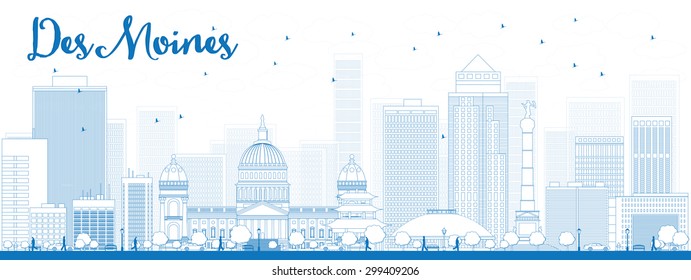 Outline Des Moines Skyline with Blue Buildings. Vector Illustration. Business travel and tourism concept with modern buildings. Image for presentation, banner, placard and web site.