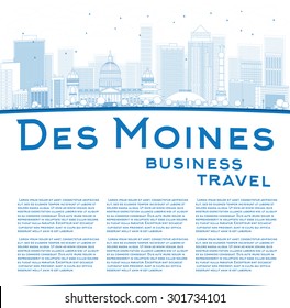 Outline Des Moines Skyline with Blue Buildings and copy space. Business travel and tourism concept with place for text. Image for presentation, banner, placard and web site. Vector Illustration