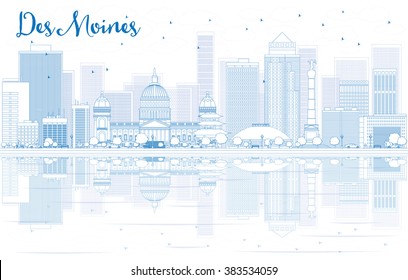 Skyline des Moines mit blauen Gebäuden und Reflexionen. Vektorgrafik. Business Reise- und Tourismuskonzept mit Platz für Text. Bild für Präsentation, Banner, Plakat und Website.