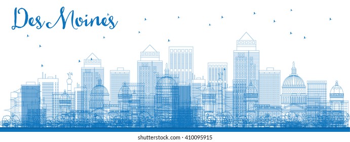 Outline Des Moines Skyline with Blue Buildings. Vector Illustration. Business travel and tourism concept with modern buildings. Image for presentation, banner, placard and web site.