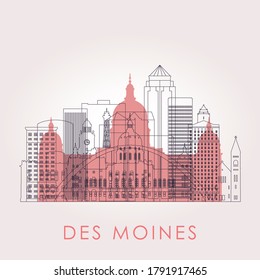 Skyline des Moines mit Wahrzeichen. Vektorgrafik. Geschäftsreise und Tourismus Konzept mit historischen Gebäuden. Bild für Präsentation, Banner, Plakat und Website.