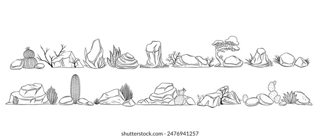 Outline desert vegetation and rocks, borders composition set. Contour ink bush and grass, cactuses and trees among mountain stones, monochrome desert landscapes vector illustration