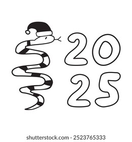 Outline design. 2025. Snake with Christmas hat. Hand drawn illustration on white background.