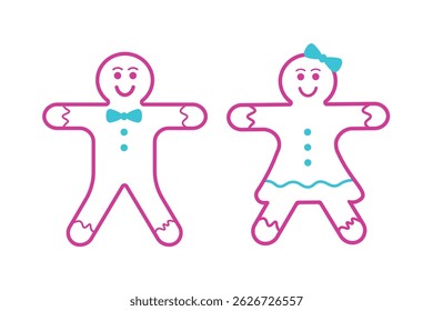 Outline Design of Christmas Ginger Bread Cookies Icons. Isolated on White Background. Vector Design Elements in Magenta Blue Male and Female Christmas biscuits or cookies. Sweet dessert for New Year.