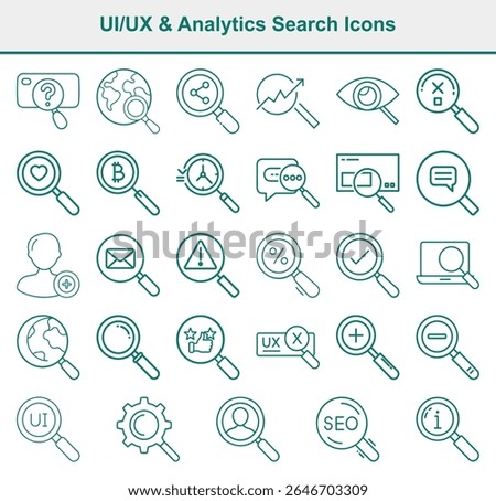 Outline design collection of search icons with magnifying glass, featuring SEO, UX, analytics symbols on a clean, white backdrop.