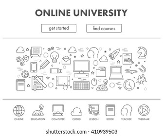 Outline Design Concept Web Banner For Online University.